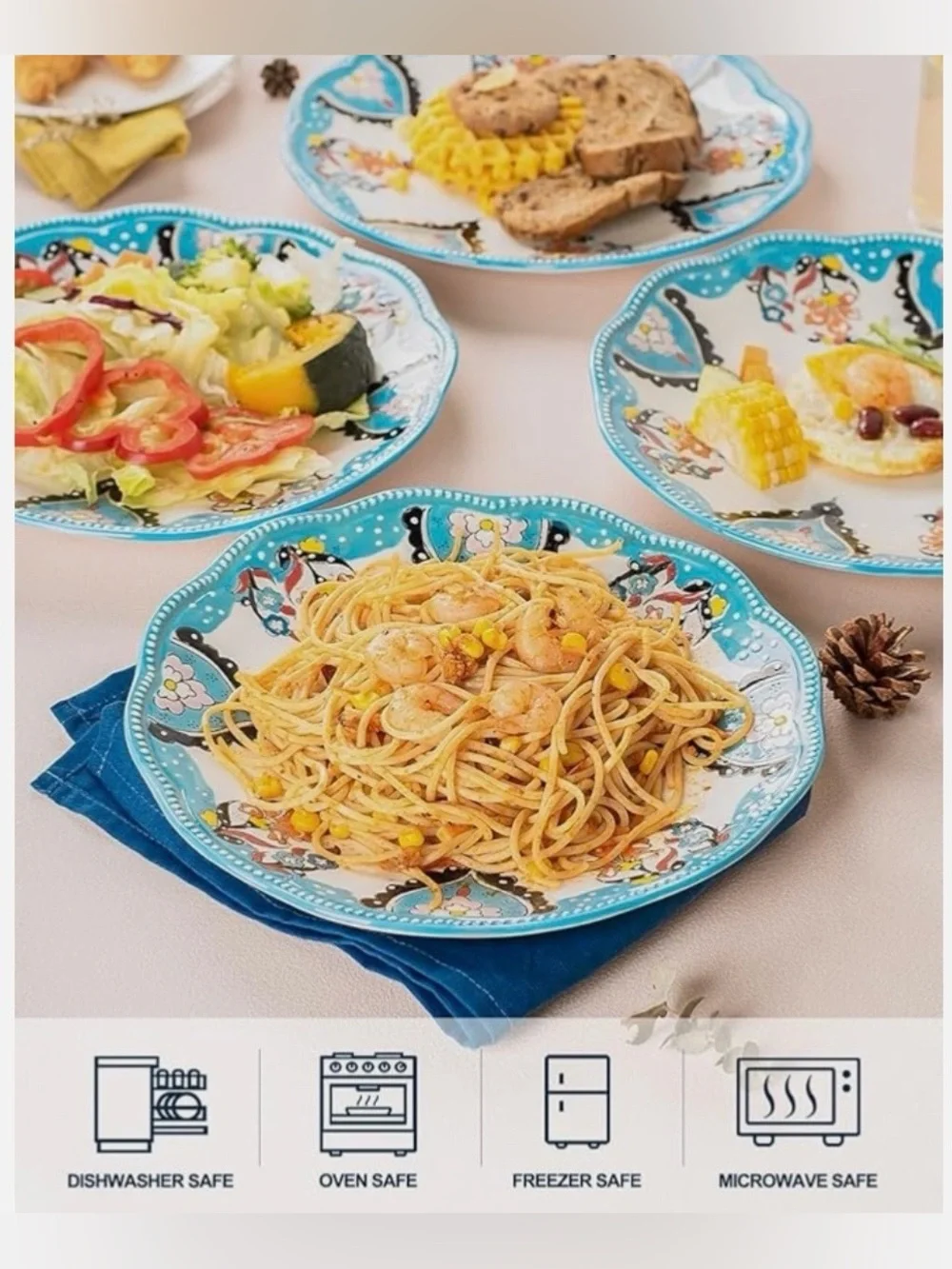 Bohemian 10” Ceramic Dinner Plates Set of 4 DELLING Blue Floral Dishwasher Safe